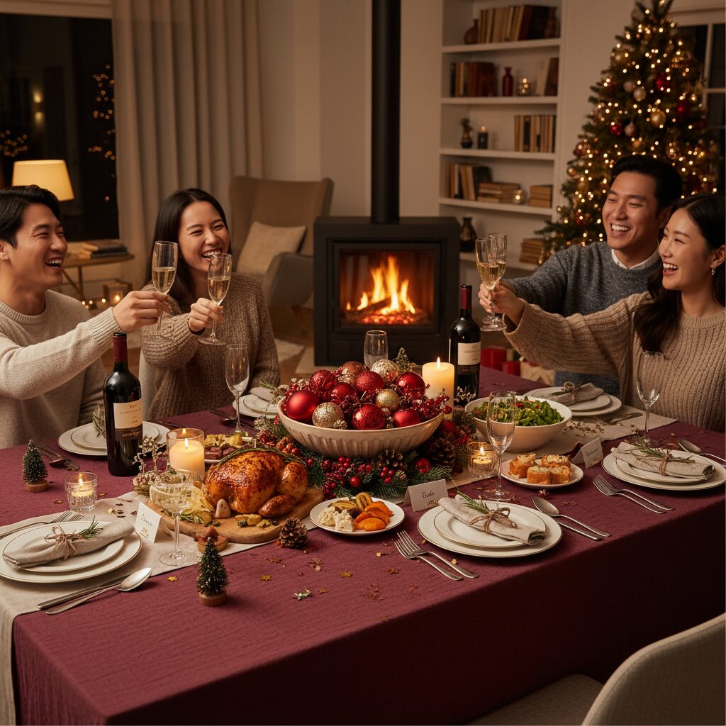 연말 분위기의 홈파티 테이블 세팅 장면