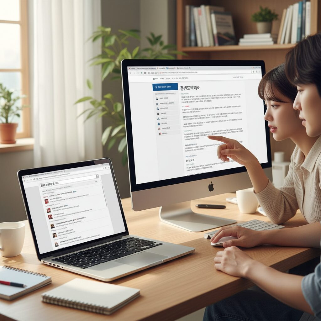 청년 지원금 정보 검색 방법 노트북과 모니터 화면