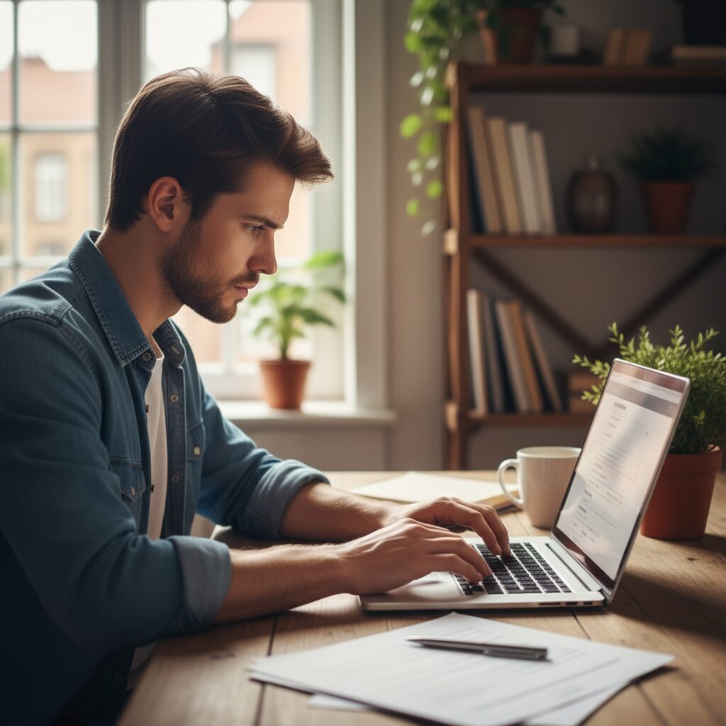 청년이 노트북으로 신청서를 집중하여 작성하고 있는 모습