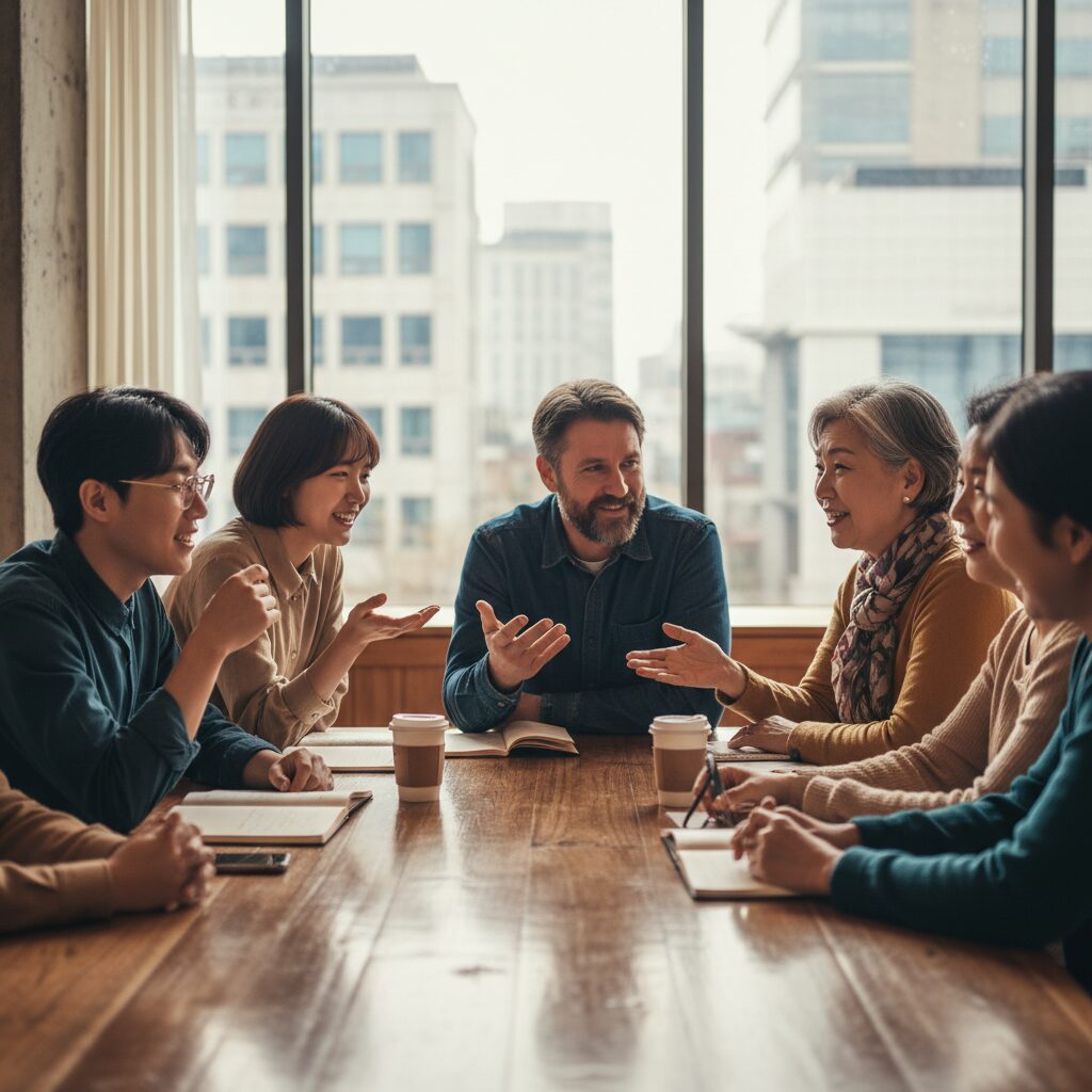 다양한 세대의 사람들이 함께 토론하며 의견을 나누는 모임 장면
