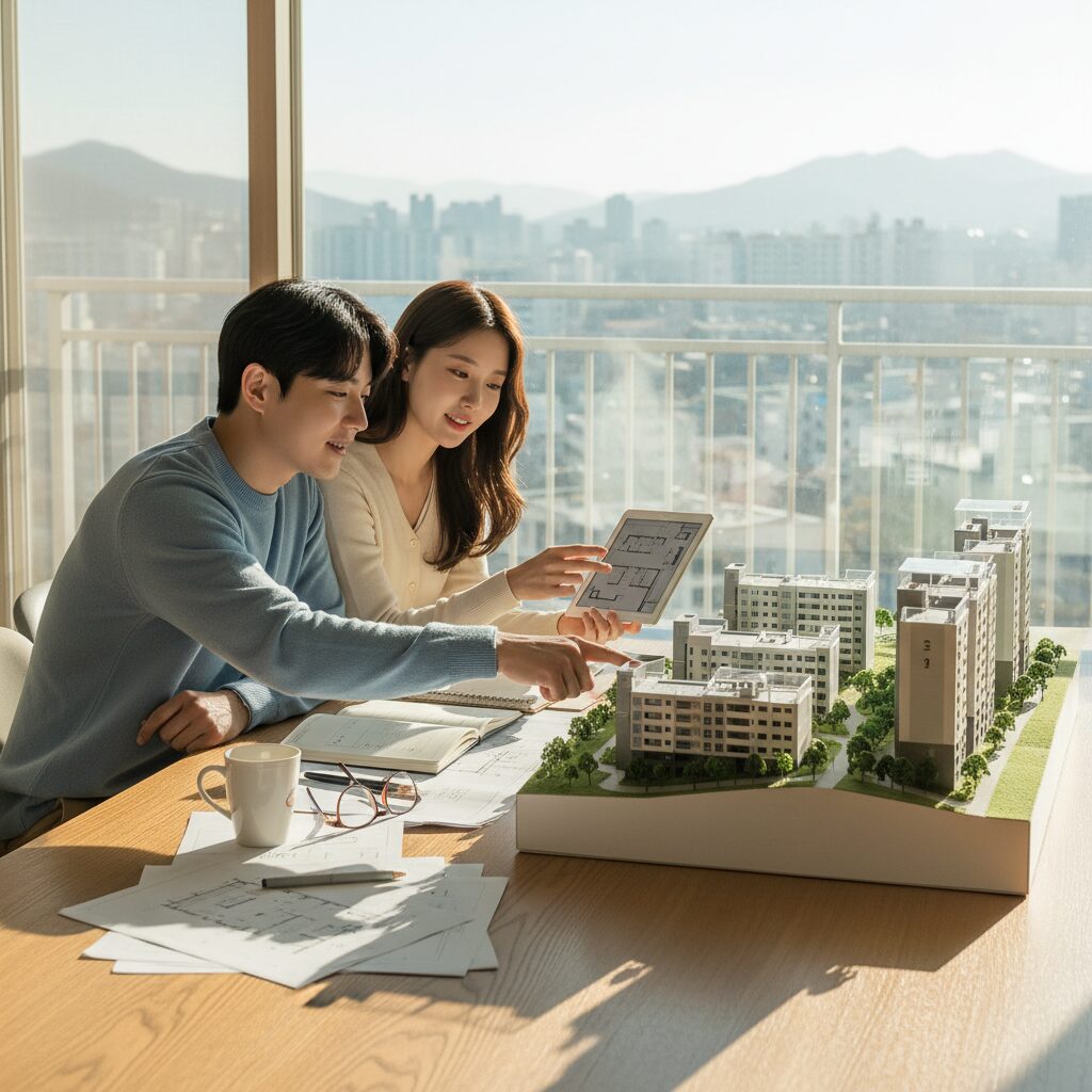 청년 커플이 아파트 모형을 보며 미래를 계획하는 모습