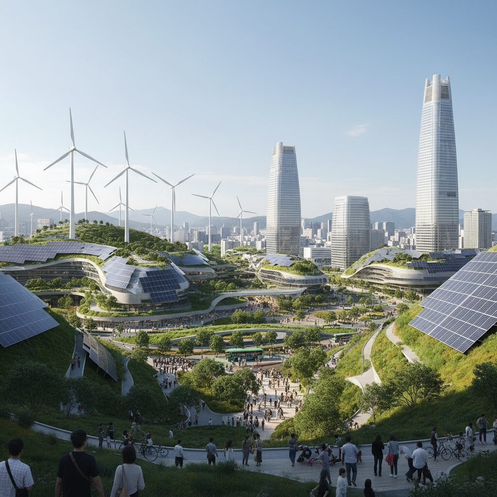 태양광 패널과 풍력 발전기가 설치된 녹색 도시 풍경