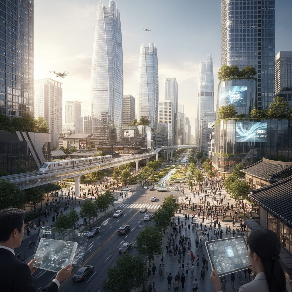 2026년을 상징하는 다이내믹하고 활기찬 도시 풍경