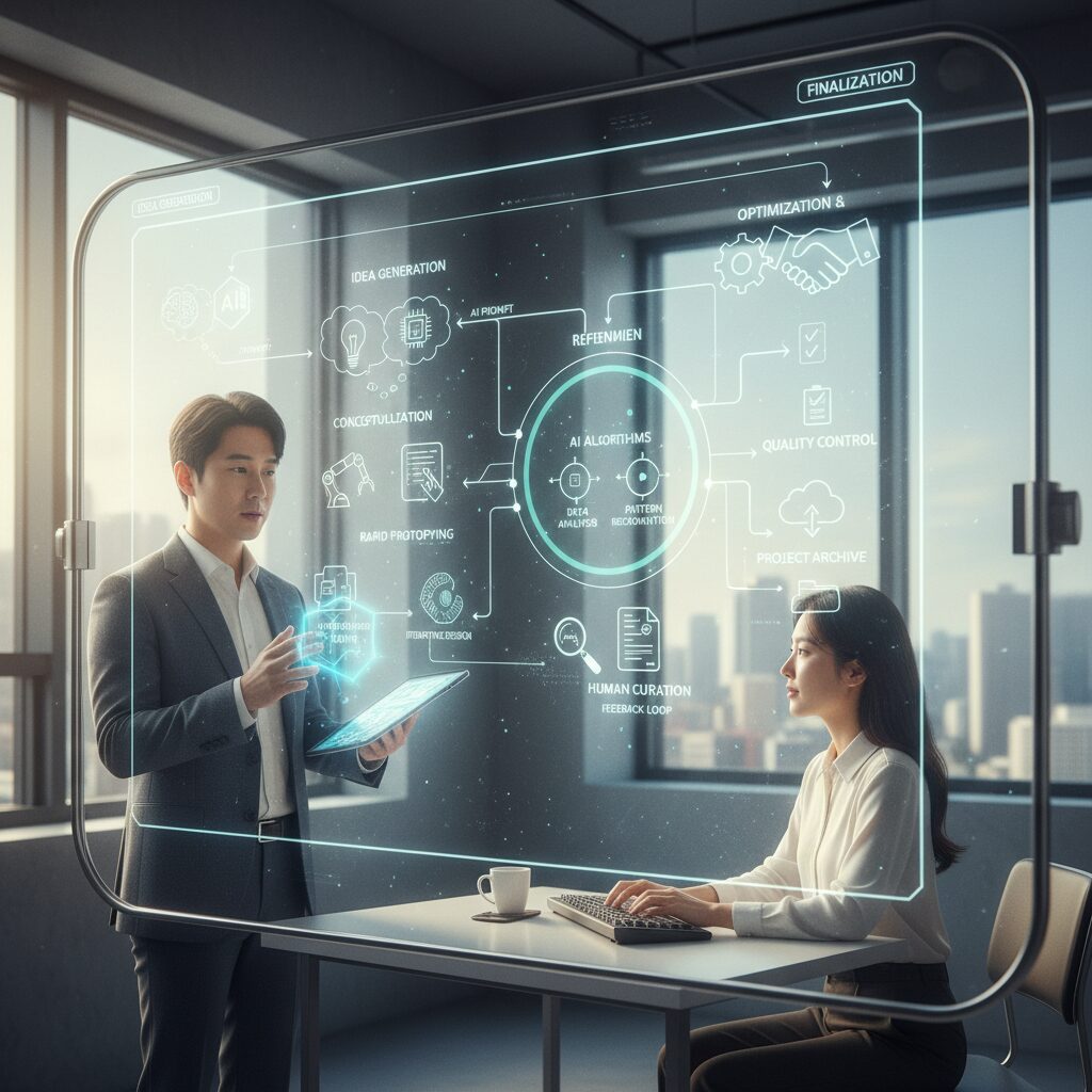 AI와 인간이 협업하는 워크플로우 다이어그램, 아이디어 생성부터 정리까지 단계 표시