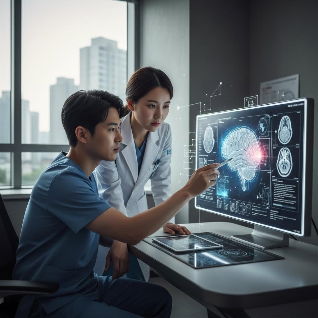 의사가 AI가 분석한 의료 영상을 함께 검토하는 모습