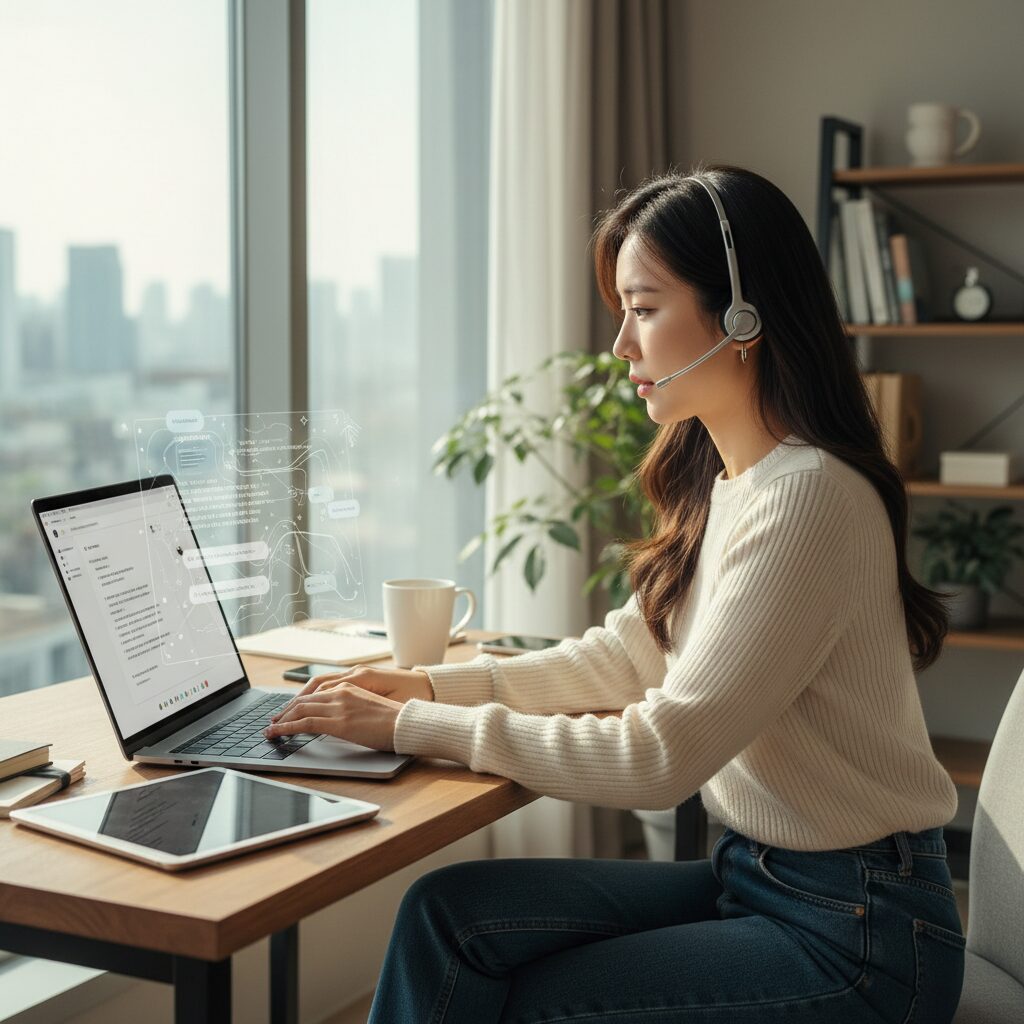 AI와 대화하며 이력서 초안을 작성하는 여성