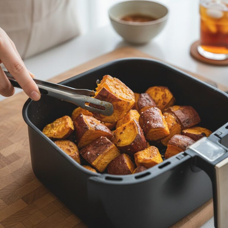 에어프라이어에 노릇하게 구워진 고구마 조각들