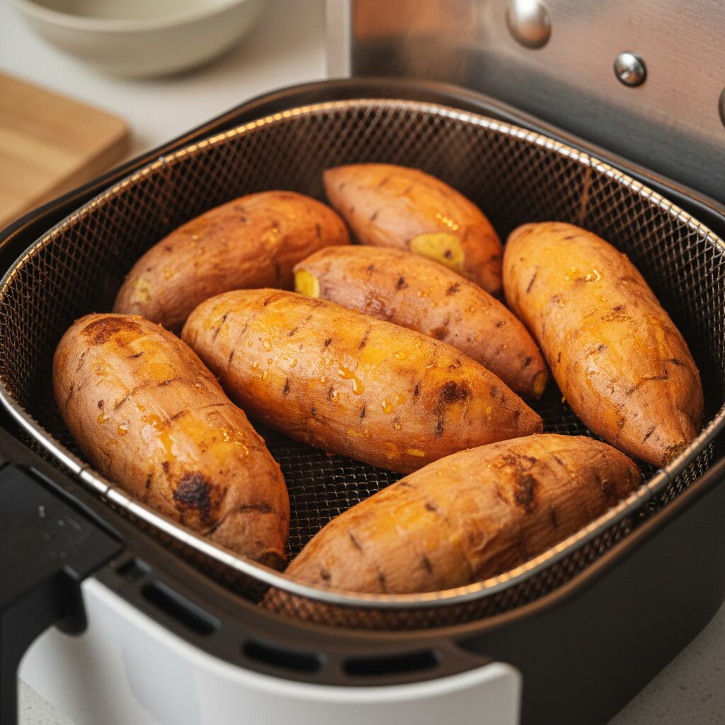 에어프라이어 안에서 노릇하게 구워지고 있는 고구마 사진