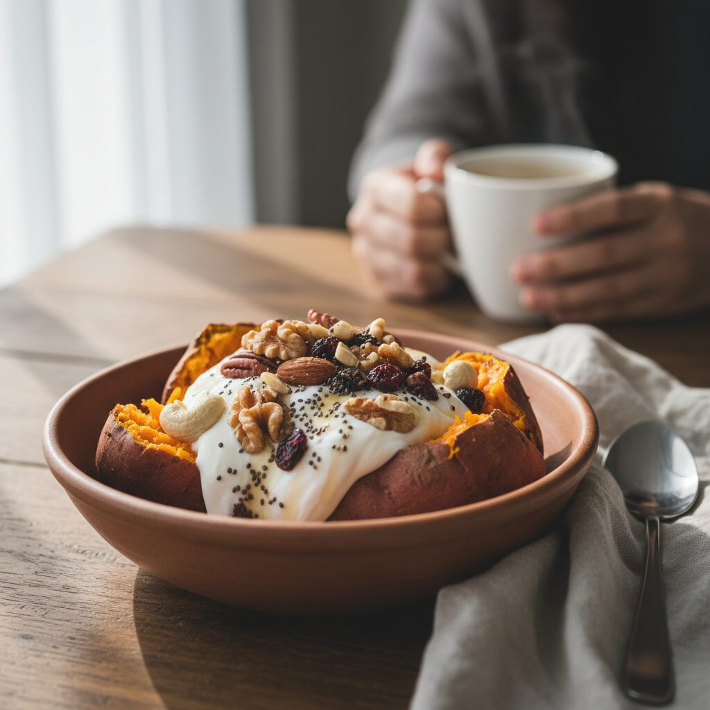 그릭요거트와 견과류가 토핑된 에어프라이어 고구마 보울 사진