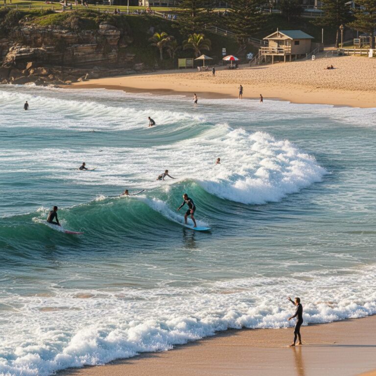 호주 여름 해변에서 서핑을 즐기는 사람들