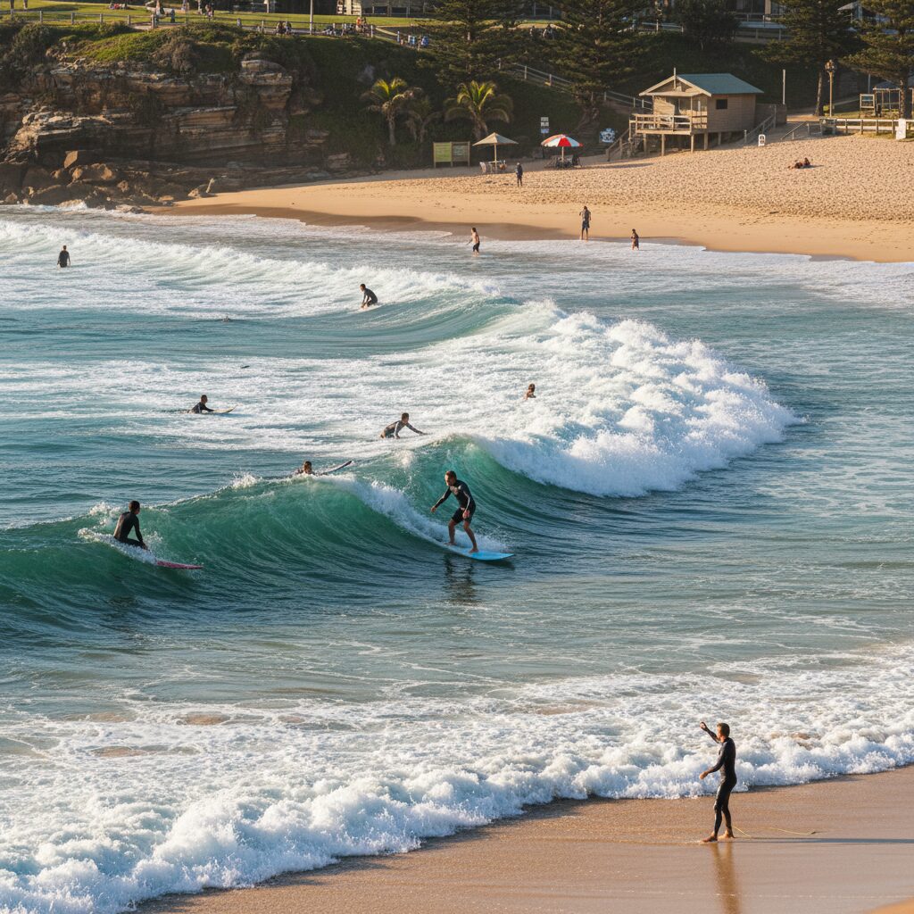 호주 여름 해변에서 서핑을 즐기는 사람들