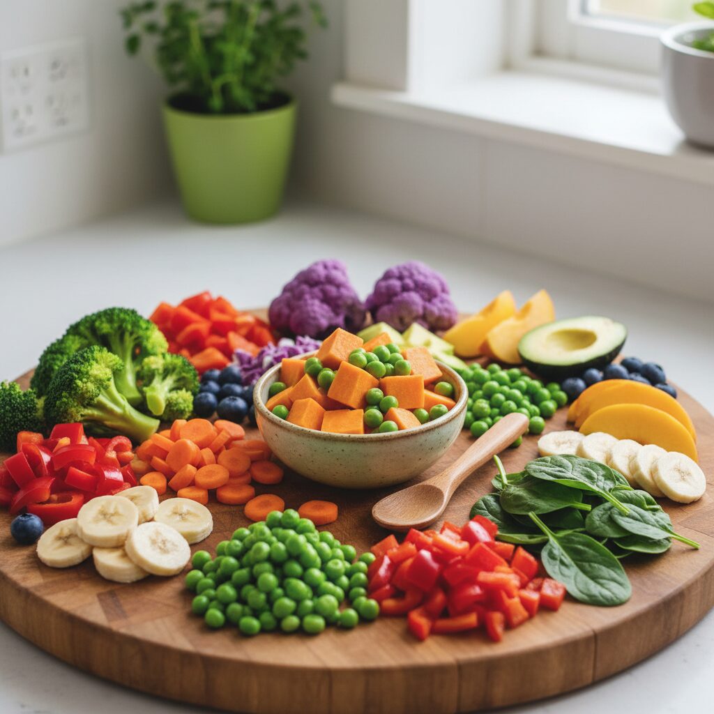 다양한 야채와 과일로 구성된 아기 이유식 재료