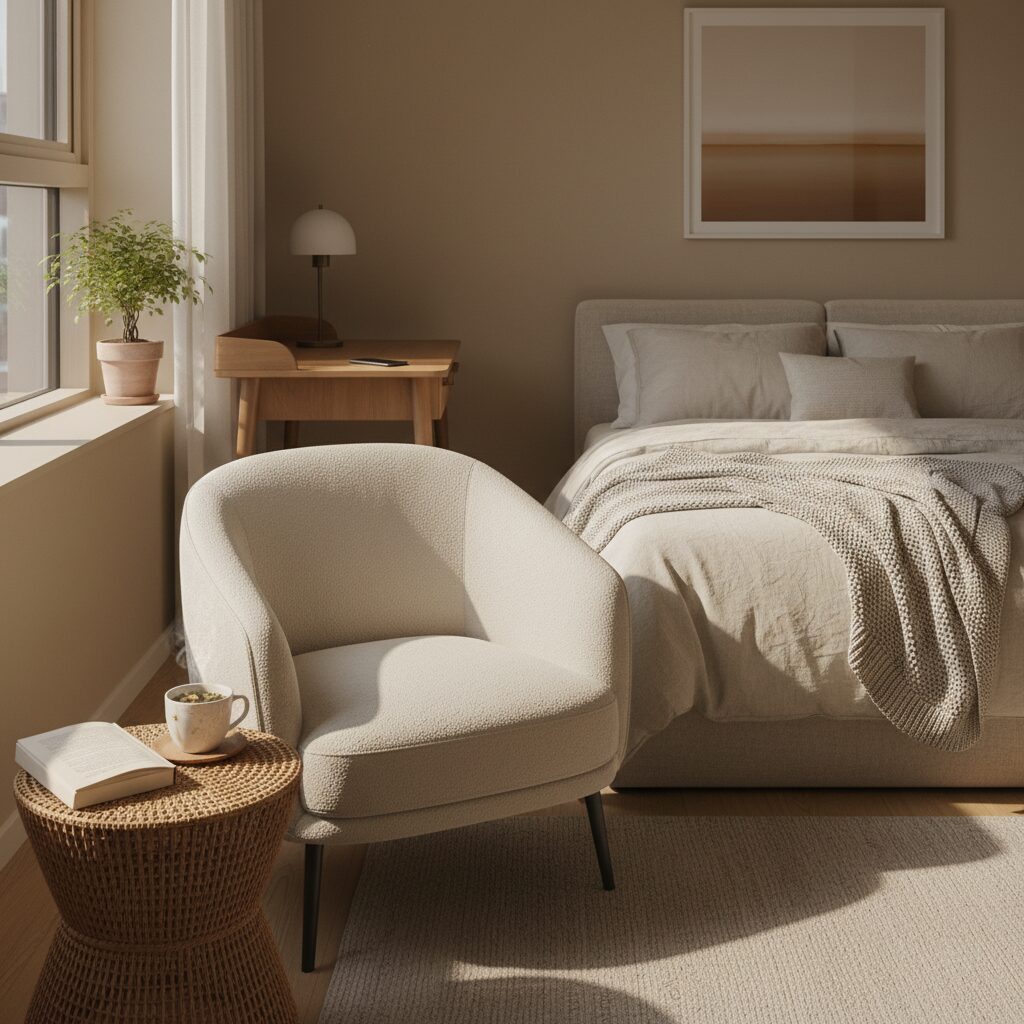 디지털 디톡스 시작하기 쉬운 방법 2 침대 옆 소파에 책과 차가 놓여 있고 스마트폰은 멀리 떨어진 책상 위에 있는 아늑한 침실 인테리어