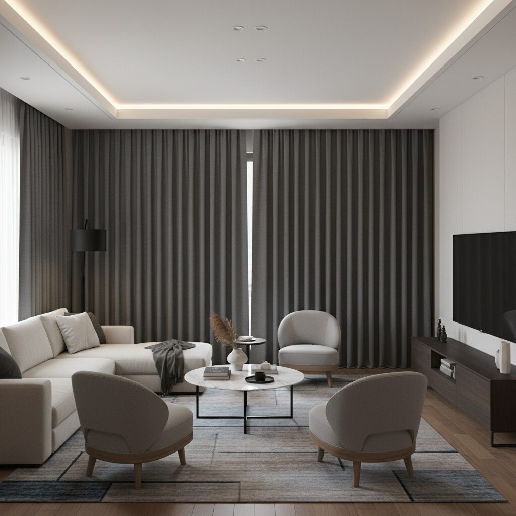 암막 커튼 설치 효과와 장점 2 거실에 설치된 암막 커튼으로 외부 시선을 차단하며 세련된 인테리어를 연출한 모습