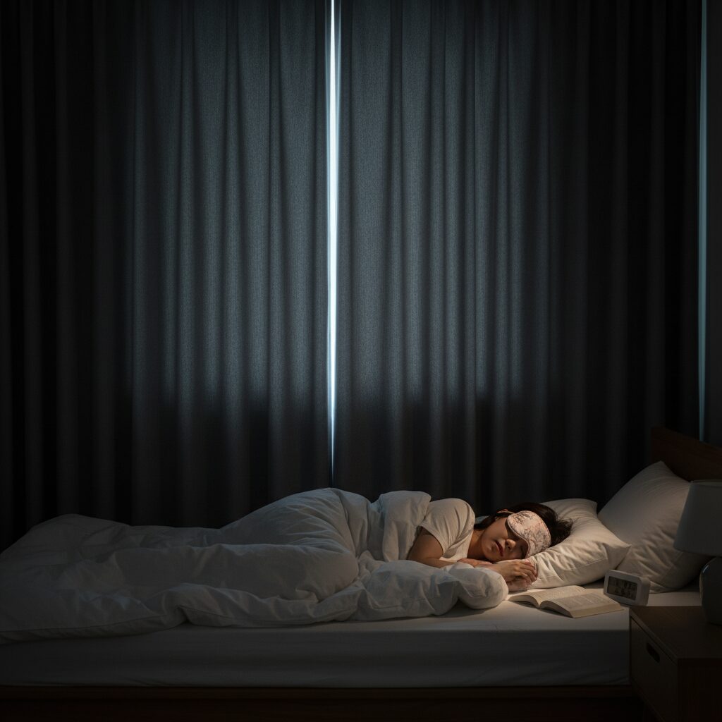 암막 커튼 설치 효과와 장점 1 암막 커튼으로 완전히 어두워진 침실에서 편안하게 수면 취하는 모습