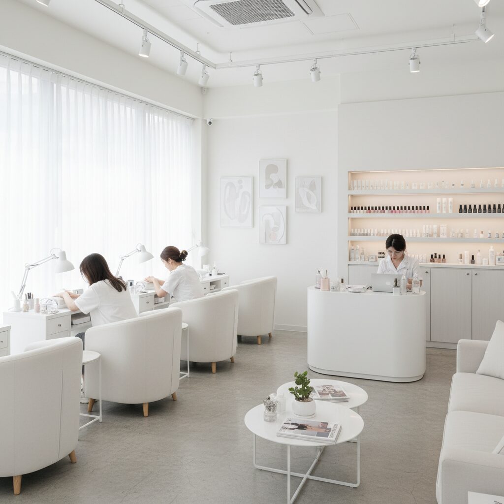 겨울 손끝을 빛내는 네일아트 완벽 가이드 2 화이트톤으로 깔끔하게 꾸며진 네일샵 내부 인테리어