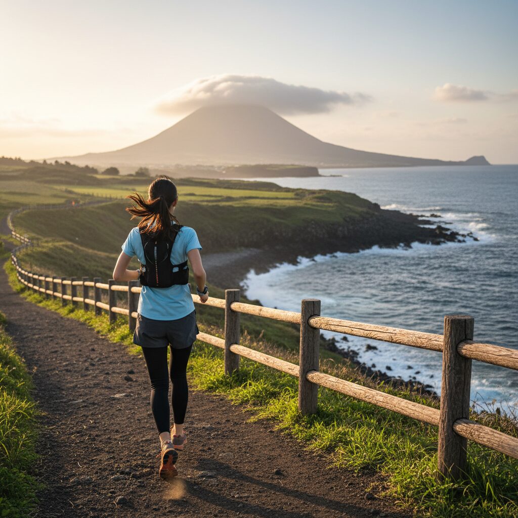 제주도에서 10km 러닝 코스를 달리고 있는 여성의 뒷모습