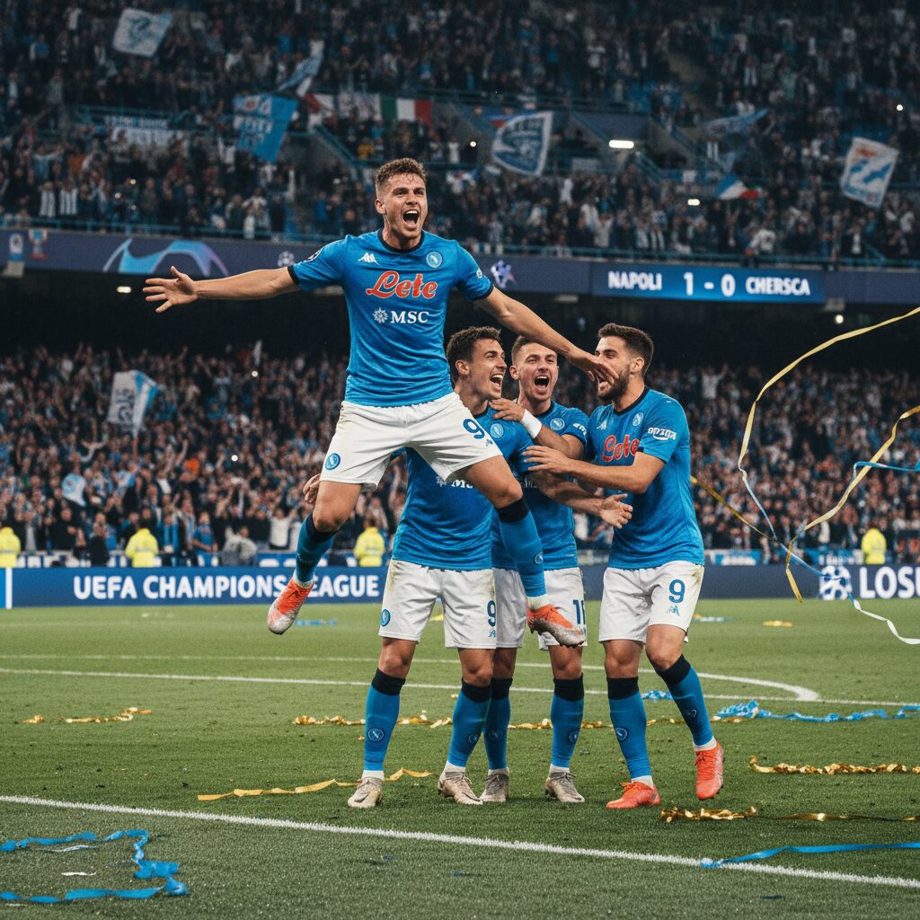 나폴리 공격수가 챔피언스리그에서 골을 성공시키고 팀원들과 함께 기뻐하는 장면