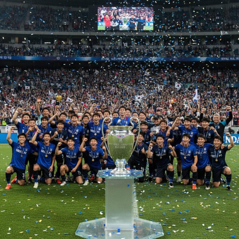 챔피언스리그 트로피와 열광하는 관중들을 배경으로 한 광경