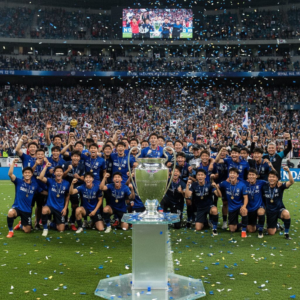 챔피언스리그 트로피와 열광하는 관중들을 배경으로 한 광경