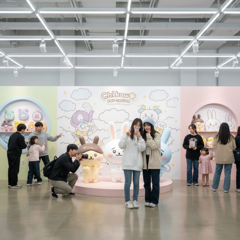 치이카와 팝업 전시회 포토존에서 방문객들이 사진을 찍는 모습