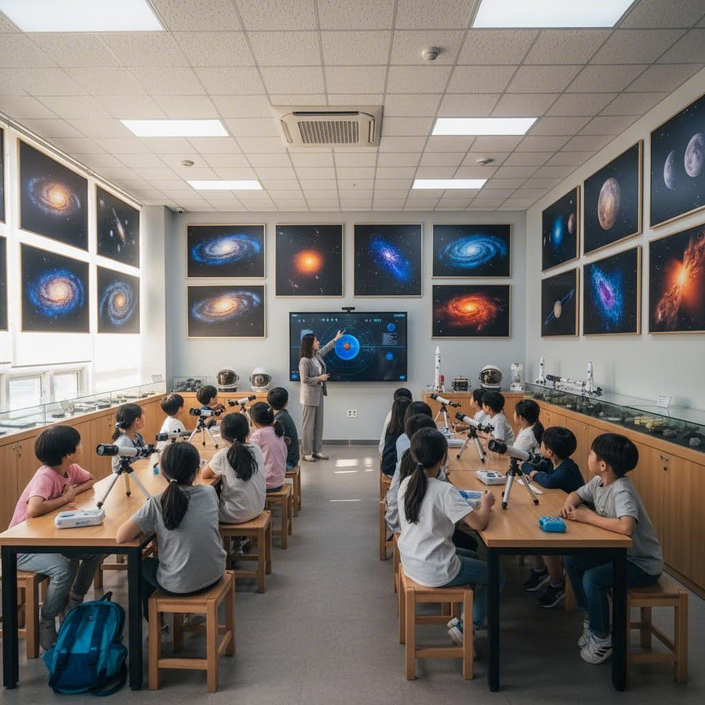 어린이 천문대 내부 교육실과 천체 사진 전시