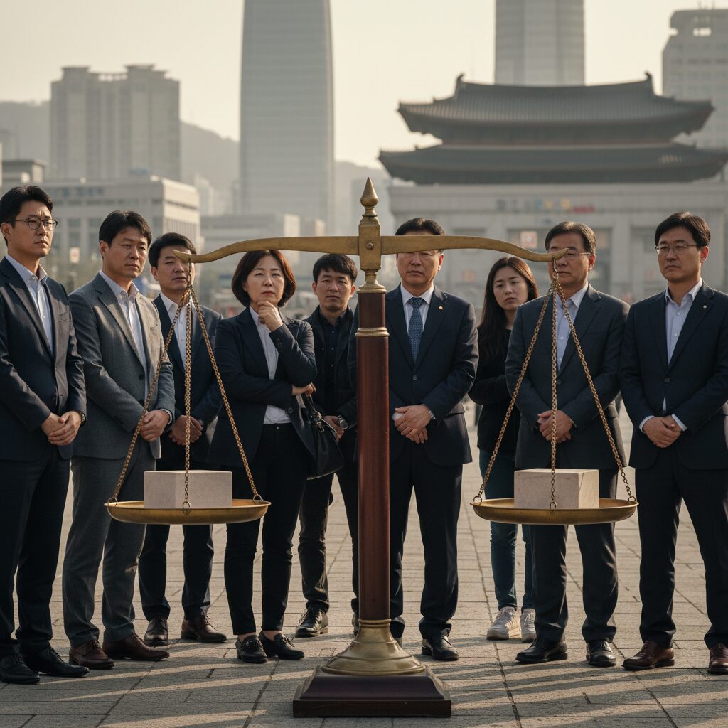 한국 국민이 공정한 저울을 바라보며 검찰 개혁의 미래를 생각하는 모습