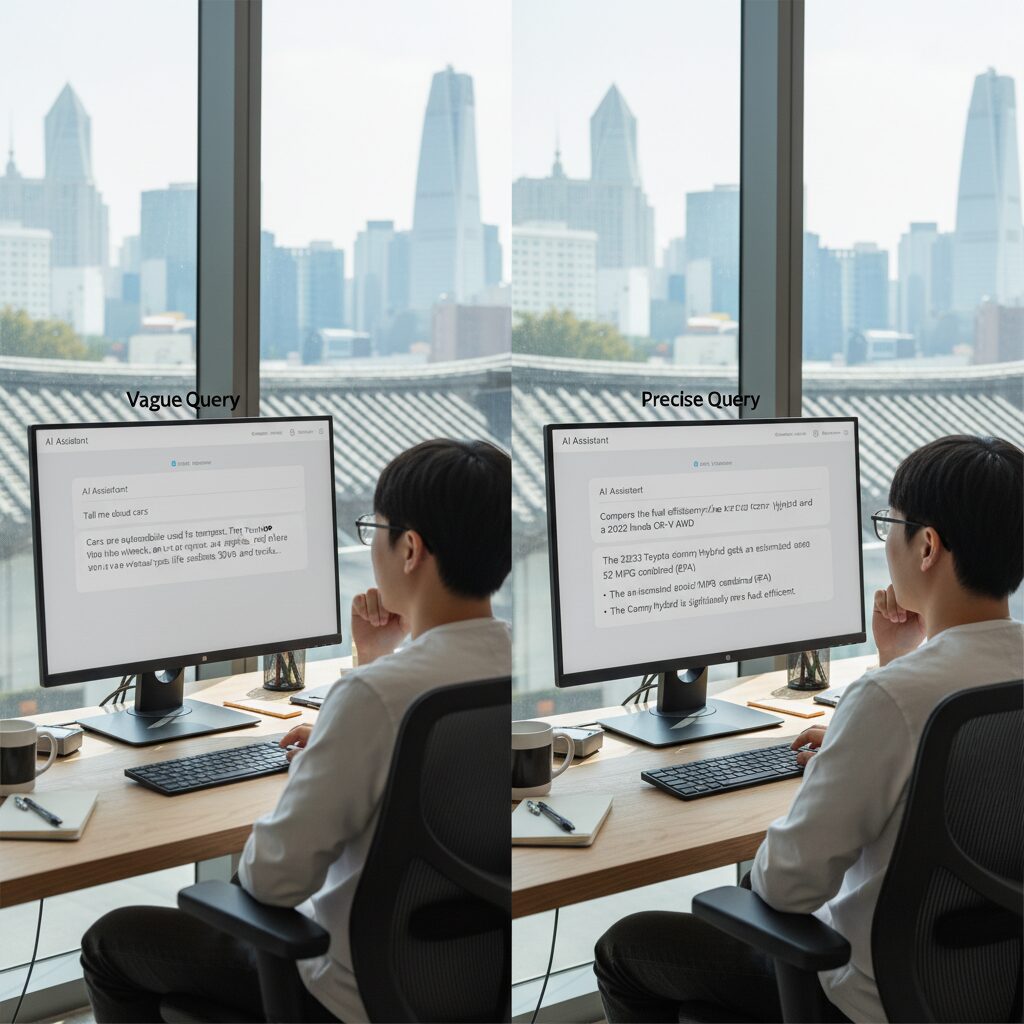 챗GPT에 명확한 지시문을 입력하는 예시 화면, 모호한 질문과 구체적인 질문 비교