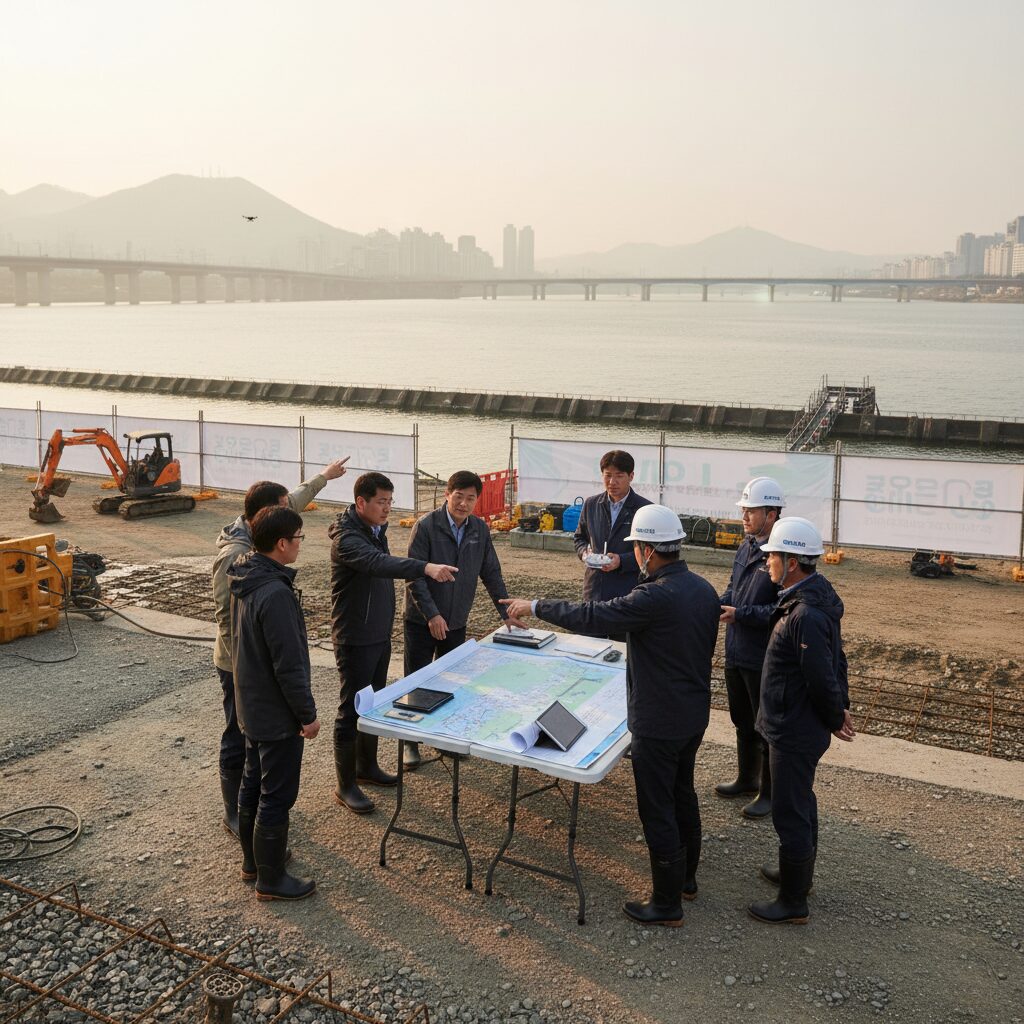 기후 위기 대응을 위한 하천 관리 현장 회의 장면