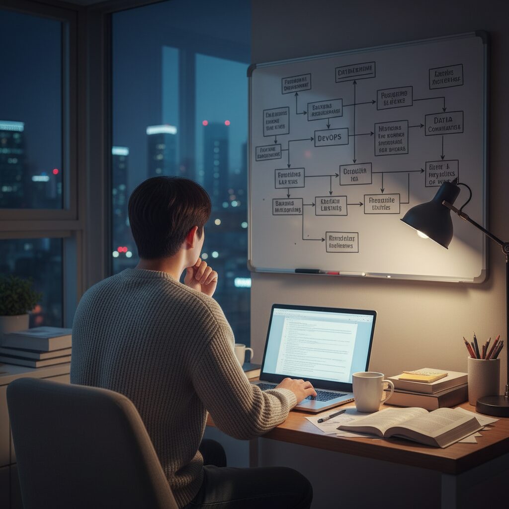 코딩 독학 시작하기 좋은 사이트 추천 3 노트북 앞에서 코딩 학습 경로를 고민하는 사람의 뒷모습