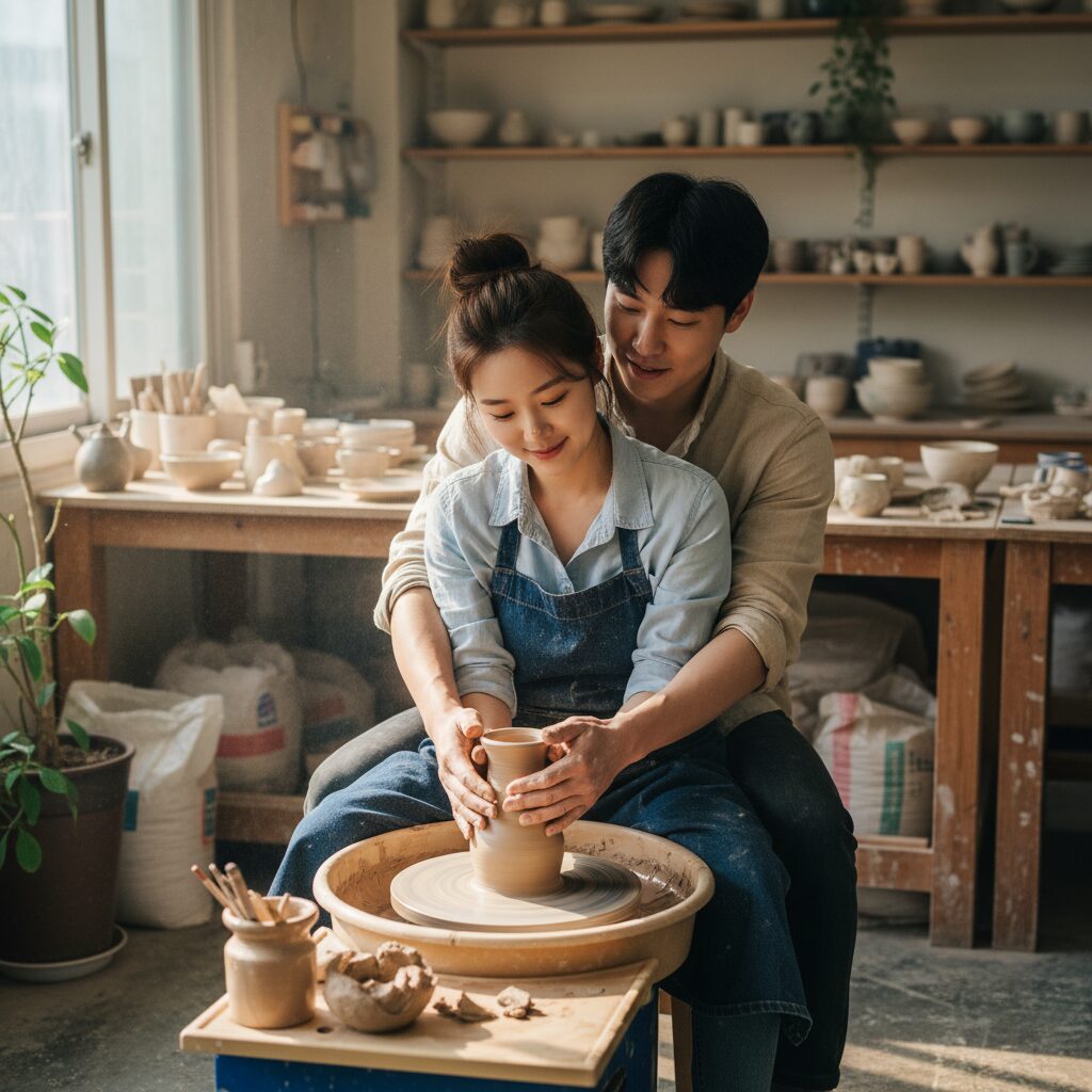 커플이 함께 도자기 공예를 만들고 있는 모습