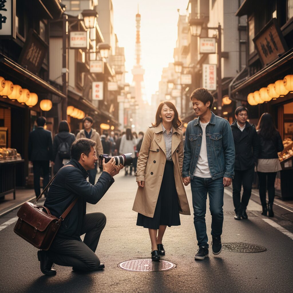 도쿄 거리에서 프로 사진작가가 커플 사진을 찍어주는 모습