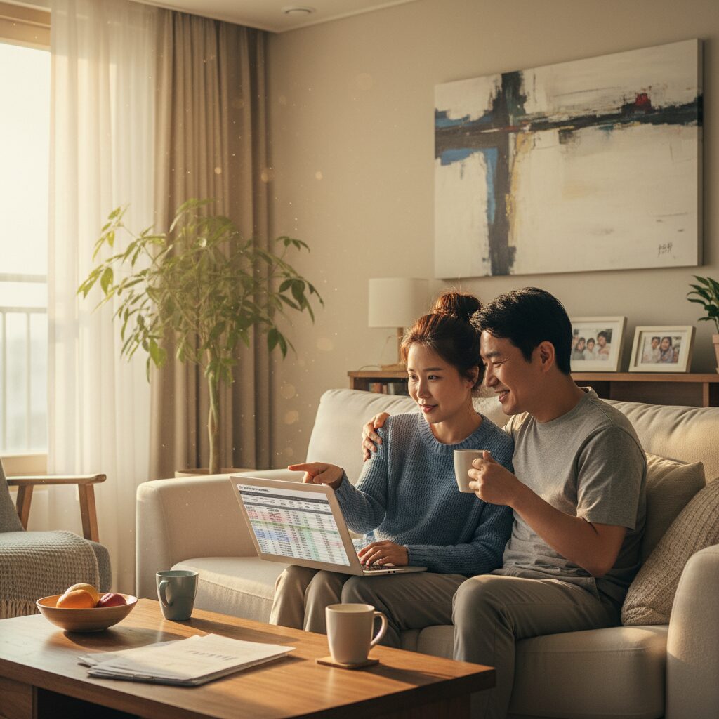 맞벌이 부부가 노트북으로 연말정산 절세 정보를 확인하는 모습