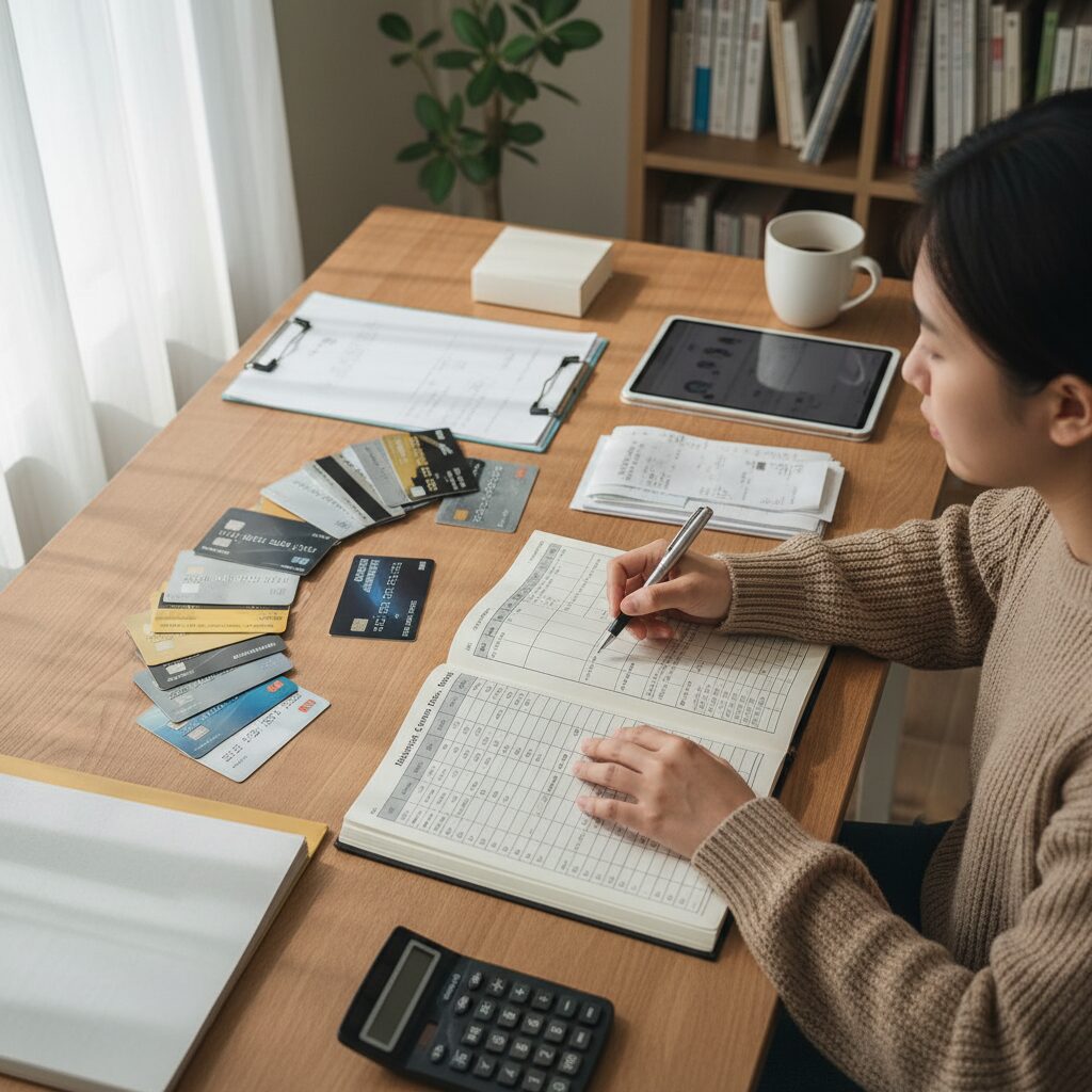 다양한 신용카드와 가계부를 펼쳐 놓고 한 달 예산을 계획하는 모습