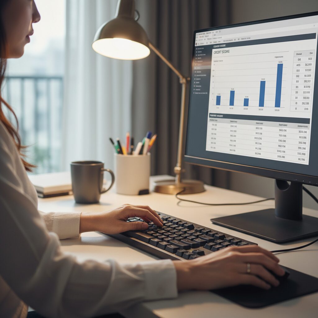컴퓨터 화면에서 신용보고서를 확인하는 여성의 손