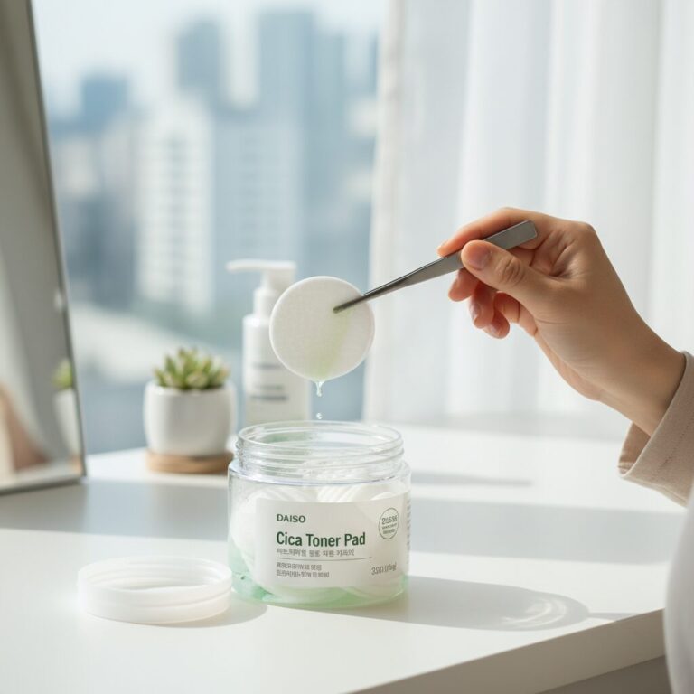 다이소 시카 토너 패드 병과 패드 한 장을 핀셋으로 들어 올린 모습