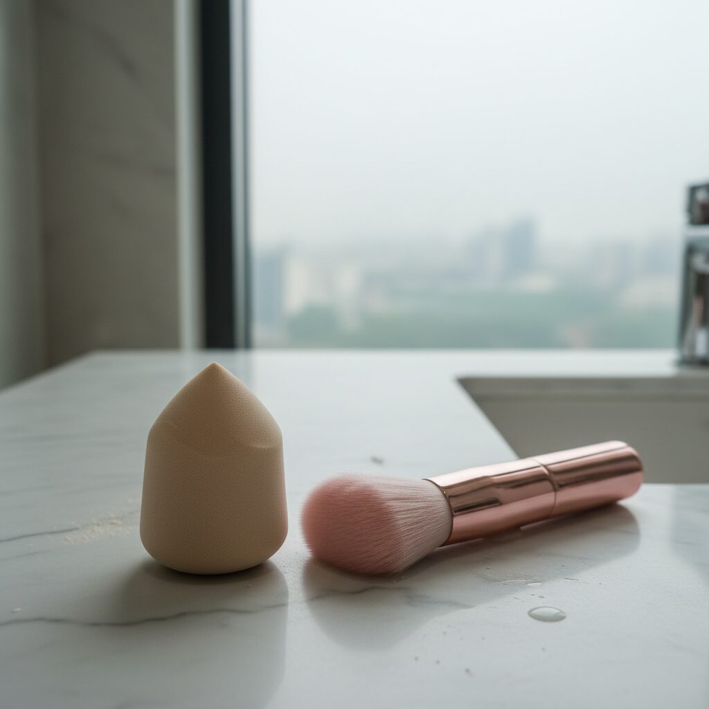 다이소 뷰티 꿀템 추천 가성비 기초화장품 2 다이소 웨지 스펀지와 핑크 메탈 블렌딩 브러시가 나란히 놓인 모습
