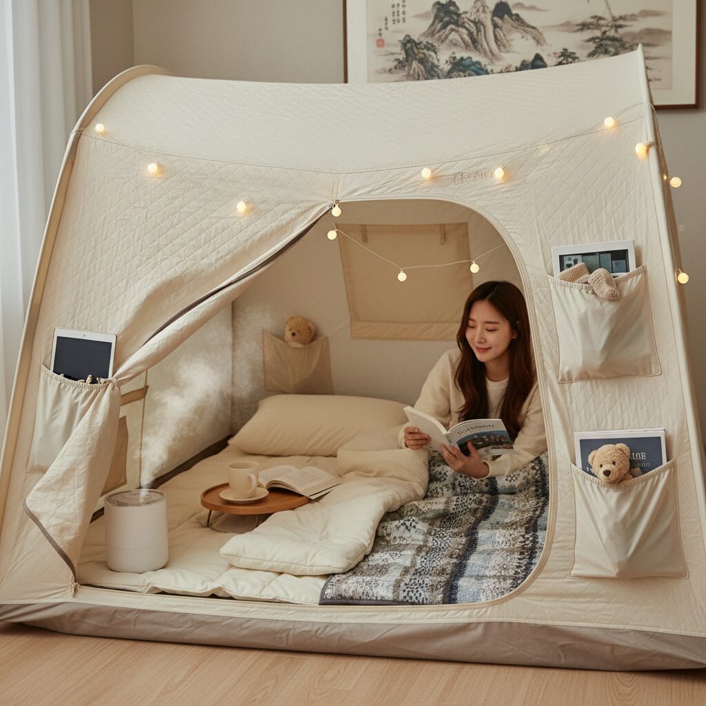 따수미 난방텐트 내부의 아늑한 공간과 수납포켓