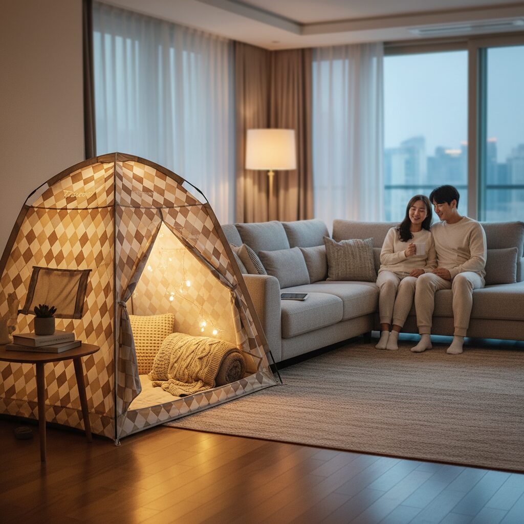 따수미 시그니처 아가일 난방텐트가 거실 소파 옆에 설치된 모습