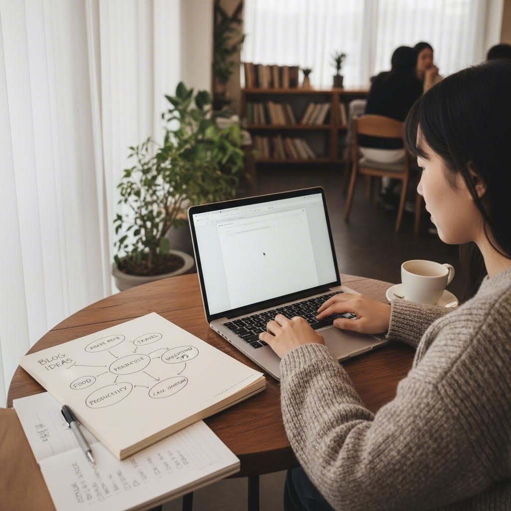 노트북 앞에서 블로그 글을 쓰는 사람, 옆에 마인드맵과 아이디어가 적힌 노트가 있음