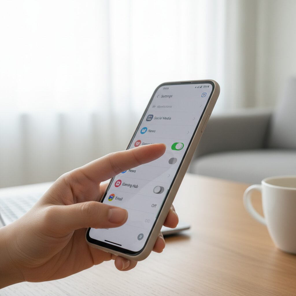 디지털 디톡스 시작하기 쉬운 방법 1 스마트폰 설정 화면에서 불필요한 앱 알림을 끄는 손가락