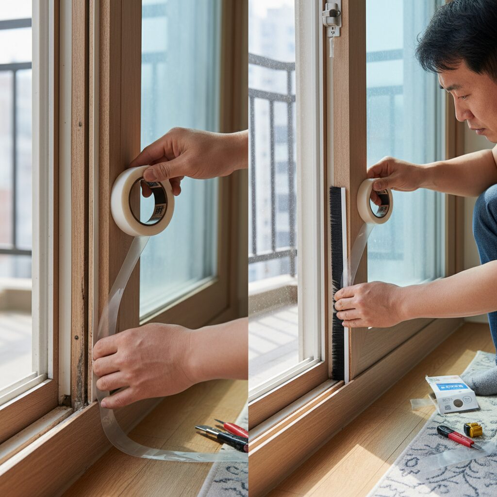 실리콘 문풍지와 브러시 문풍지를 문과 창문 틈새에 붙이는 모습
