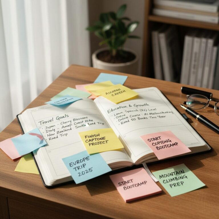 여행, 교육 등 목표를 적어놓은 포스트잇과 다이어리 사진