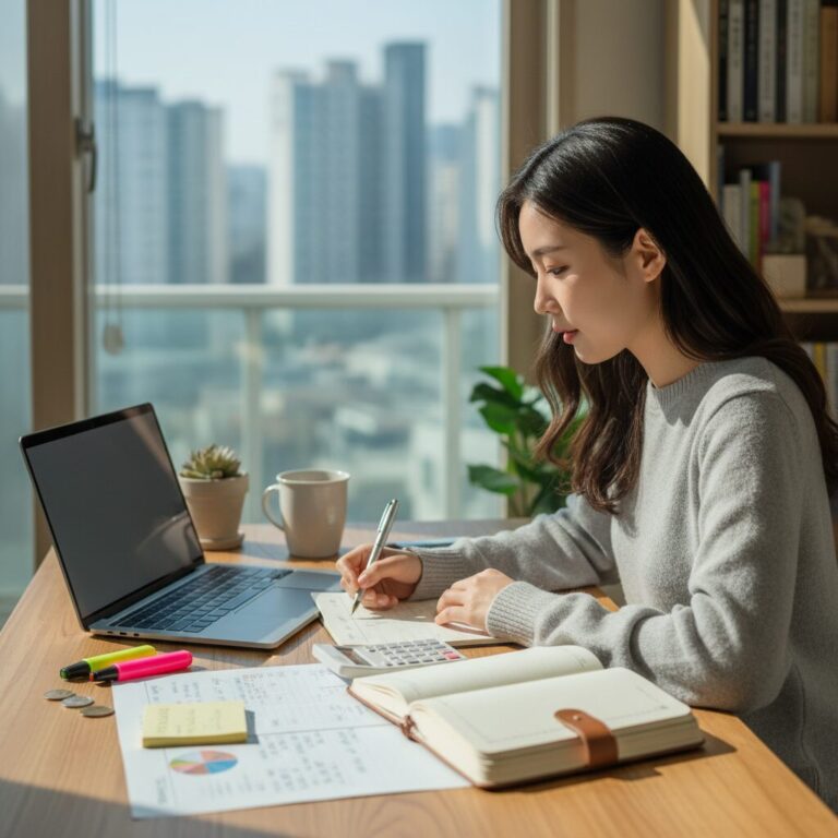 노트북과 다이어리 앞에서 재정 계획을 세우는 여성