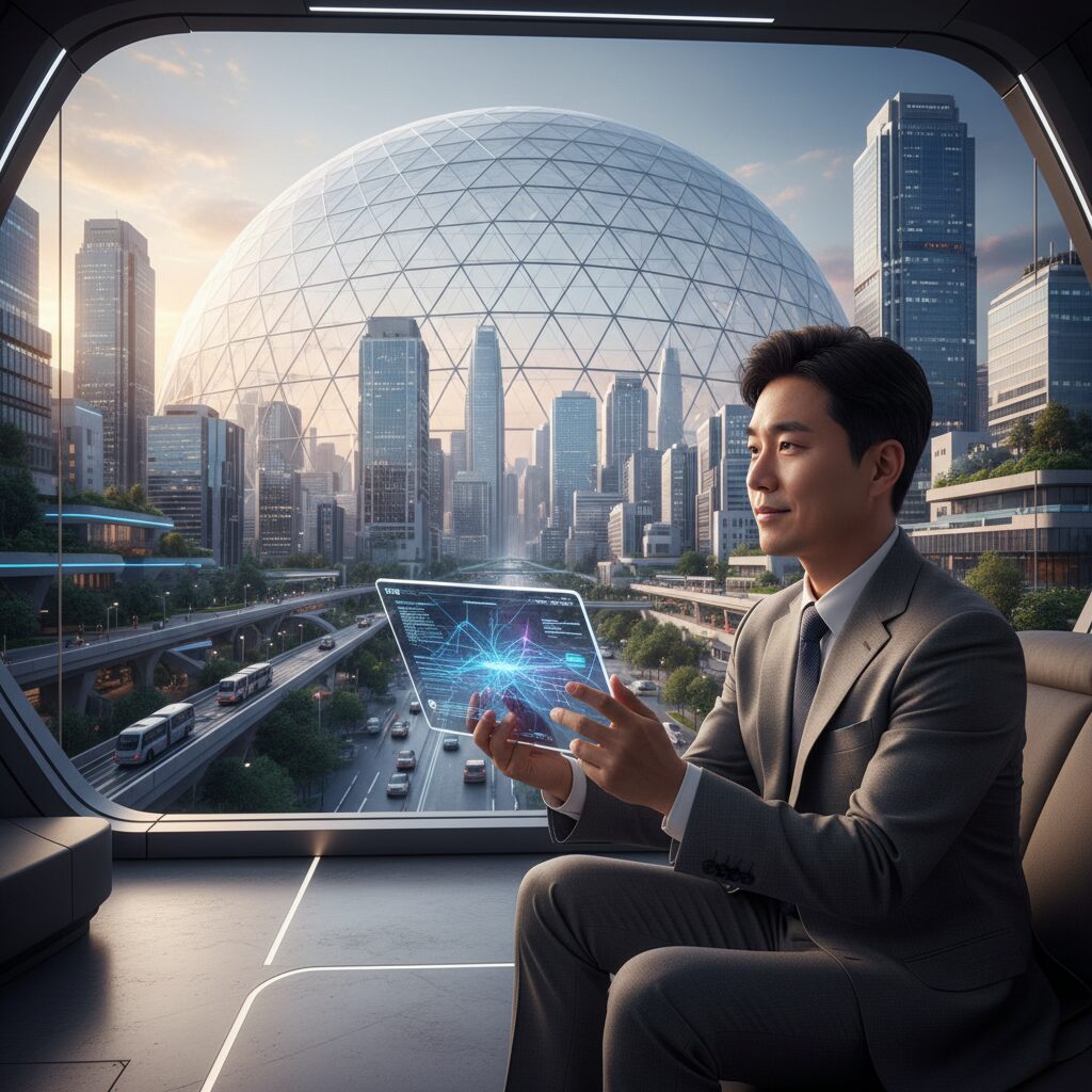 미래를 상징하는 배경 앞에서 사람이 태블릿으로 AI와 소통하는 개념 이미지