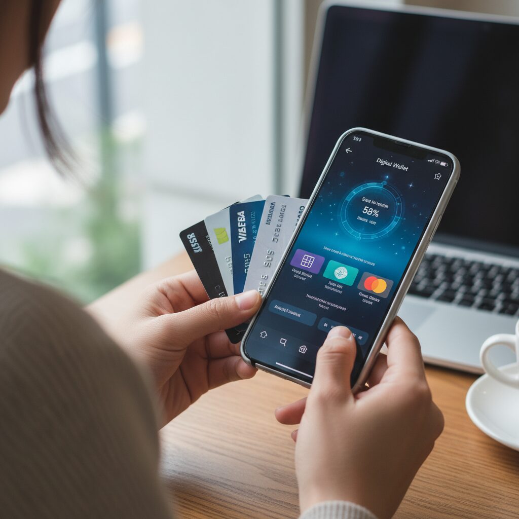 디지털 월렛과 전통 은행 카드가 조화를 이루는 모습