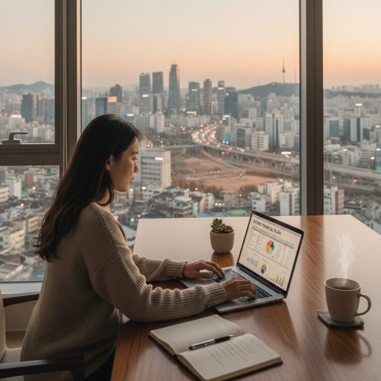 창밖의 도시 풍경을 바라보며 노트북으로 미래 재무 계획을 세우는 여성