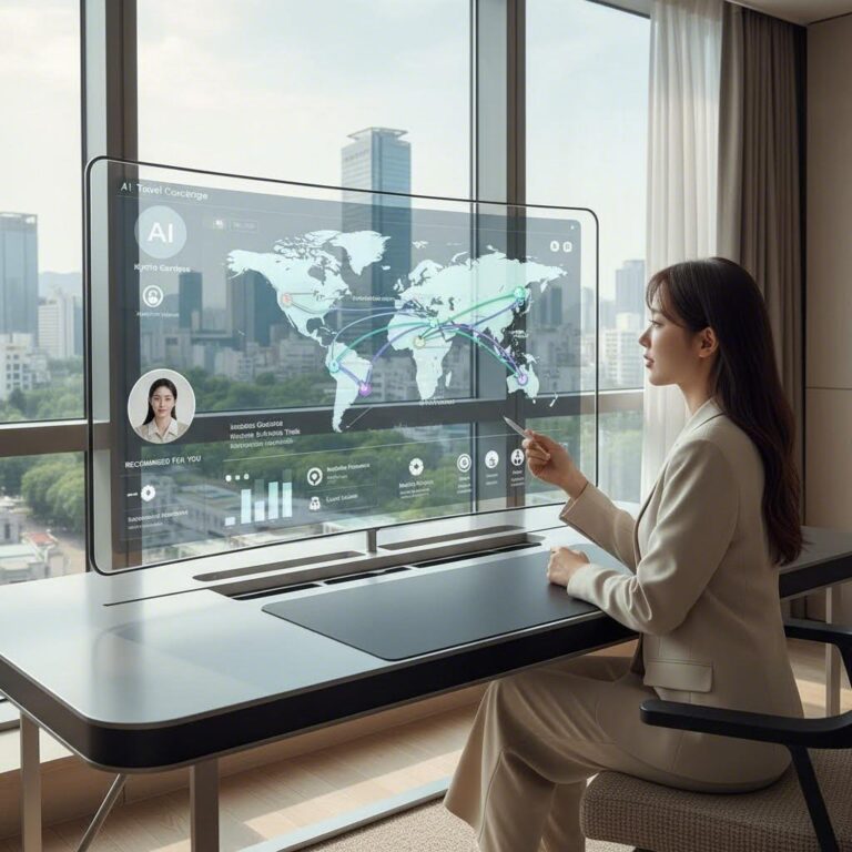 미래지향적인 디자인의 화면에 AI가 개인화된 추천 여행 경로를 보여주는 개념도