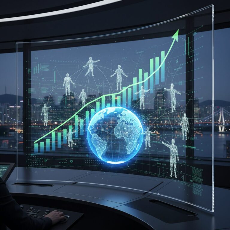 디지털 화면 위에 지구본과 상승 그래프, 연결된 사람들의 실루엣이 함께 있는 미래 무역 개념 이미지