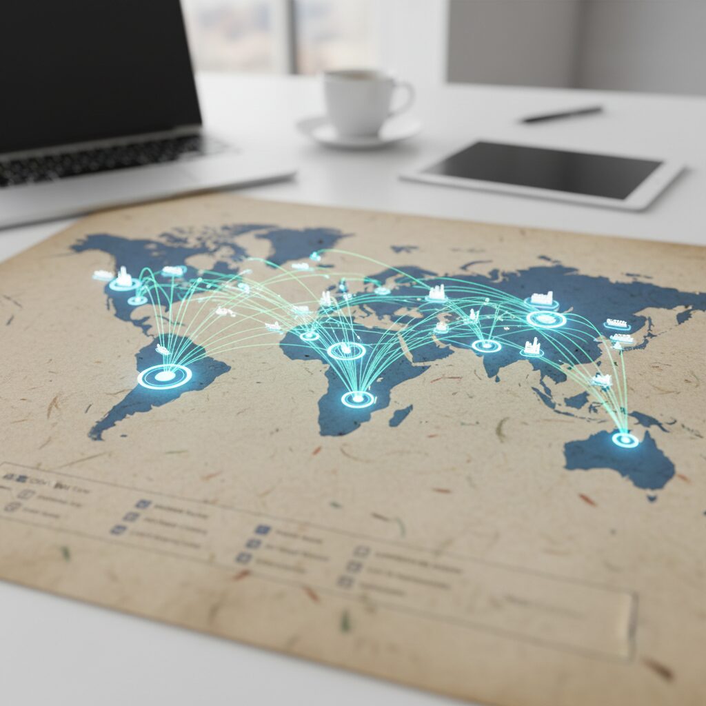 세계 지도 위에 다양한 국가를 연결하는 복잡한 공급망 라인을 나타낸 인포그래픽